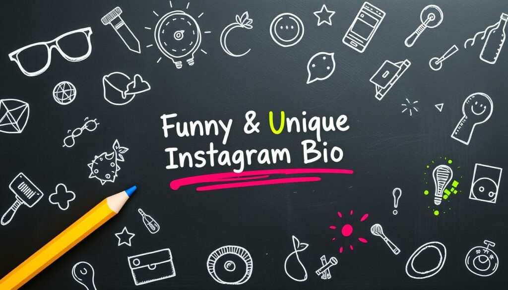 A whimsical chalkboard backdrop, with doodles and sketches of quirky icons and symbols - a pair of sunglasses, a lightning bolt, a question mark, a musical note. In the center, the phrase "Funny & Unique Instagram Bio" is written in a playful, hand-drawn font, with pops of color like a neon green highlighter or a bright red ink splatters. The overall mood is casual, creative, and attention-grabbing, perfect for showcasing the best Instagram bio ideas for boys looking to stand out.