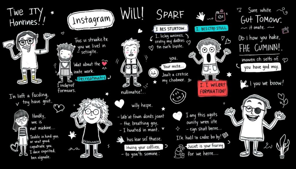 A whimsical illustration of amusing and witty Instagram bio examples, presented in a stylized black and white drawing with selective pops of color. Quirky figures strike humorous poses, their personalities shining through their playful self-descriptions. Handwritten text captures a sense of individuality, complemented by doodles and graphic elements that lend a lighthearted, artistic flair. The overall composition conveys a spirited, visually engaging representation of showcasing one's humorous side on the social media platform.