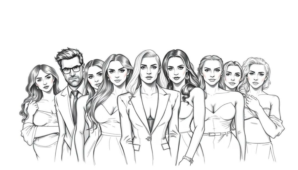 An elegant group portrait of the remaining celebrity housemates of Promi Big Brother, posed against a minimalist backdrop. A high-contrast, monochromatic illustration with focused accents of color, rendered in a sketchy, pencil-like aesthetic. The figures are displayed in a dynamic, asymmetrical composition, conveying a sense of tension and anticipation. Varying facial expressions and body language suggest the complex interpersonal dynamics within the house. The overall mood is somber yet intriguing, hinting at the emotional turmoil and dramatic events to unfold.