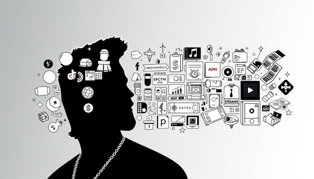 An illustration of Cro's diverse income sources, rendered in a striking black-and-white palette with selective color accents. In the foreground, Cro's distinct silhouette is depicted, surrounded by various icons and symbols representing his musical career, collaborations, and entrepreneurial ventures. The middle ground features a collage of stylized graphical elements - record deals, streaming platforms, merchandise designs, and event tickets - highlighting the breadth of his financial portfolio. In the background, a subtle gradient of tones creates depth and atmosphere, while pops of vibrant color draw the viewer's eye to key areas of interest. The overall composition conveys a sense of Cro's multifaceted success, blending his artistic persona with his savvy business endeavors.