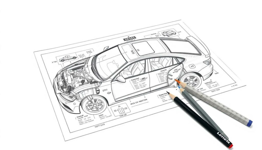 Detailed blueprint of a car repair cost estimate, rendered in precise black and white pencil strokes with selective color accents. A clinical, technical diagram depicting the various cost components - labor, parts, taxes - that comprise a comprehensive vehicle inspection report. Meticulously shaded forms and precise engineering diagrams convey the intricate process of evaluating a car's condition and determining the necessary repairs. Subtle pops of color highlight key details, guiding the viewer's eye through the comprehensive evaluation. An authoritative, no-nonsense visual representation of the "What costs does a vehicle inspection incur?" section. Detailed blueprint of a car repair cost estimate, rendered in precise black and white pencil strokes with selective color accents. A clinical, technical diagram depicting the various cost components - labor, parts, taxes - that comprise a comprehensive vehicle inspection report. Meticulously shaded forms and precise engineering diagrams convey the intricate process of evaluating a car's condition and determining the necessary repairs. Subtle pops of color highlight key details, guiding the viewer's eye through the comprehensive evaluation. An authoritative, no-nonsense visual representation of the "What costs does a vehicle inspection incur?" section.