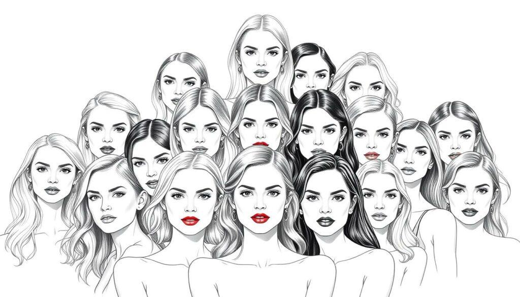 Detailed portrait of Germany's Next Topmodel winners over the years, depicted in a minimalist black and white sketch style with selective color accents. The composition features a central group of models arranged in a vertical stack, showcasing the diverse range of winners from different seasons. The background is a clean, uncluttered space, allowing the models to take center stage. Delicate linework and subtle shading create a refined, elegant aesthetic. Punctuated by strategic pops of color, such as a vibrant red lip or a bold eye makeup detail, to draw the viewer's attention to the unique features of each model.