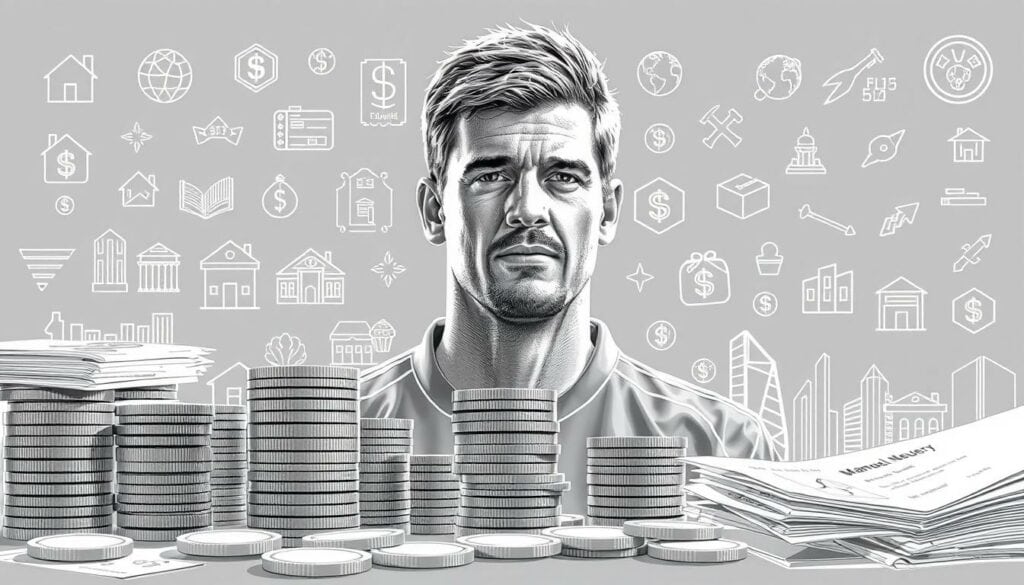 Detailed wireframe illustration depicting Manuel Neuer's financial investments and expenses, rendered in grayscale with selective color accents. Foreground shows stacks of coins and financial documents, with Neuer's face and upper body in the middle ground. Background features various geometric icons representing different investment types and expenditures, such as real estate, stocks, luxury items. Lighting casts dramatic shadows, creating a serious, analytical atmosphere. The composition emphasizes the scale and complexity of Neuer's financial portfolio through a clean, technical aesthetic.