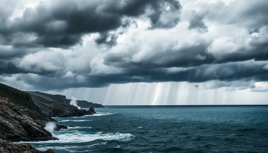 Dramatic clouds loom over the azure Mediterranean, their ominous gray hues casting a foreboding shadow upon the calm waters below. Fierce winds whip through the air, rippling the surface and sending white-capped waves crashing against rugged cliffs. Flashes of lightning pierce the stormy sky, illuminating the scene with bursts of intense energy. In the distance, rain pours down in a torrential deluge, painting the landscape in a monochromatic palette of black, white, and shades of gray, with only the occasional splash of color from the churning sea or the distant horizon. This is the raw power of extreme weather, a testament to the unpredictable and often destructive forces that shape the Mediterranean region.