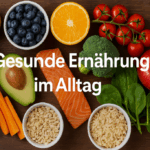Verschiedene frische Lebensmittel wie Lachs, Obst, Gemüse und Nüsse auf Holzuntergrund mit der Aufschrift „Gesunde Ernährung im Alltag“.