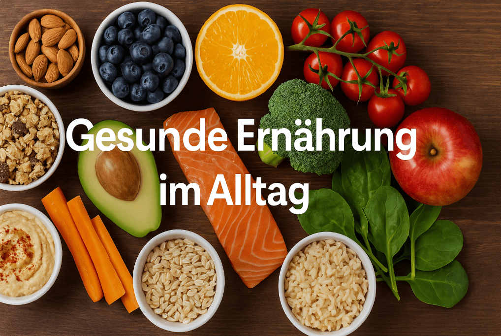 Verschiedene frische Lebensmittel wie Lachs, Obst, Gemüse und Nüsse auf Holzuntergrund mit der Aufschrift „Gesunde Ernährung im Alltag“.