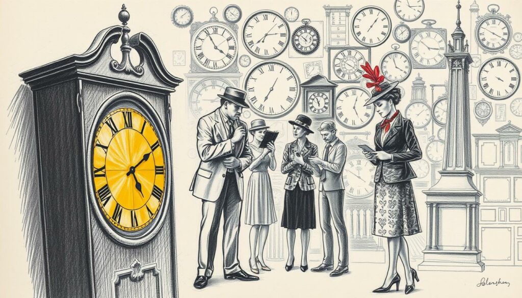 Historische Zeitumstellung Deutschland: a charcoal sketch depicting the evolution of daylight saving time in Germany. In the foreground, a classic grandfather clock with hands turning back, casting a warm glow. In the middle ground, figures from different eras - a gentleman in a waistcoat, a flapper girl, a modern office worker - all pausing to reset their timepieces. The background fades into a collage of historical clocks, calendars, and timekeeping devices, hinting at the centuries-long tradition. The scene is rendered in muted tones, with pops of color highlighting key elements - the golden clock face, the scarlet ribbon on a lady's hat. An atmospheric and introspective interpretation of the subject, inviting the viewer to reflect on the passage of time.