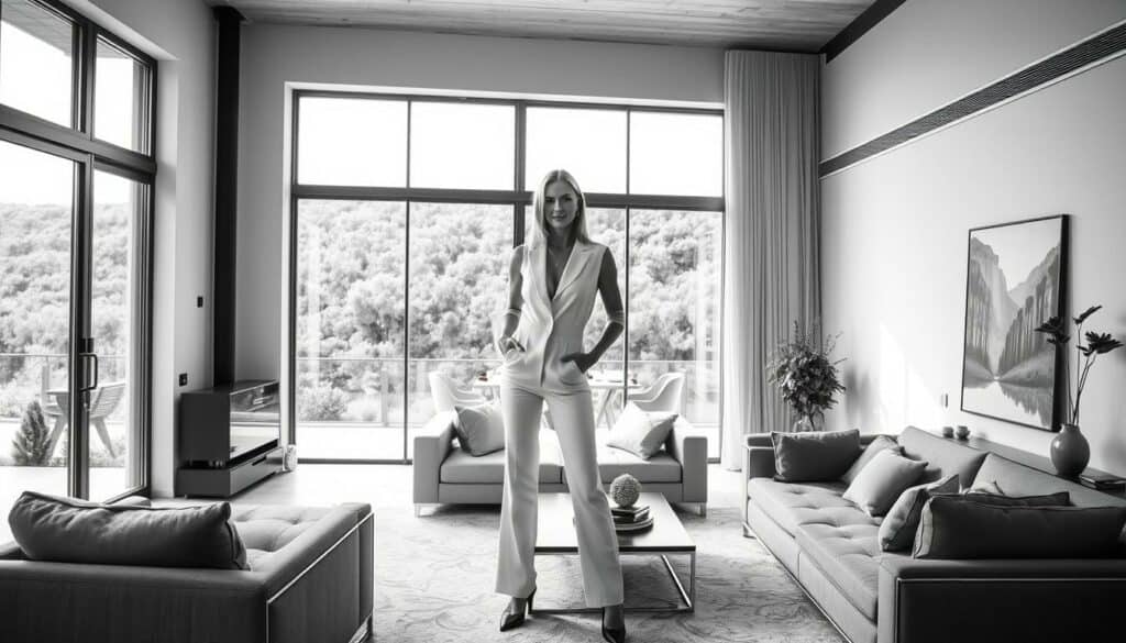 Lena Gercke, a successful German model and lifestyle entrepreneur, standing confidently in her modern, minimalist home, surrounded by sleek furniture and tasteful decor. The lighting is soft and natural, casting subtle shadows that accentuate the architectural details. In the background, floor-to-ceiling windows offer a glimpse of a lush, verdant landscape, hinting at her luxurious lifestyle. The image is rendered in a monochromatic palette with strategic pops of color, conveying a sense of refined elegance and financial prosperity.
