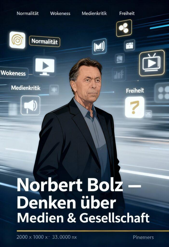 Norbert Bolz vor digitalem Hintergrund mit Symbolen für Medien und Gesellschaft, thematisiert Wokeness und Normalität.