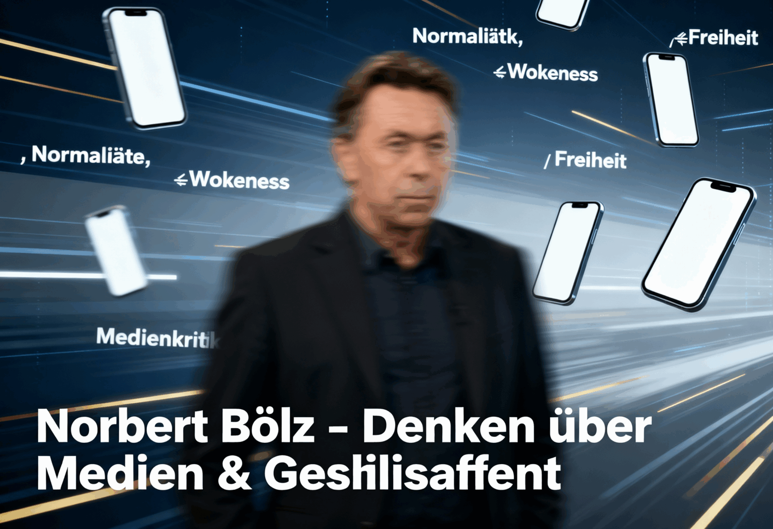 Norbert Bolz vor digitalem Hintergrund mit Symbolen für Medien und Gesellschaft,