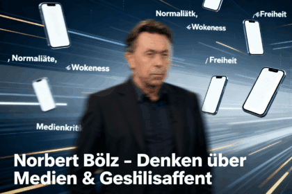 Norbert Bolz vor digitalem Hintergrund mit Symbolen für Medien und Gesellschaft,