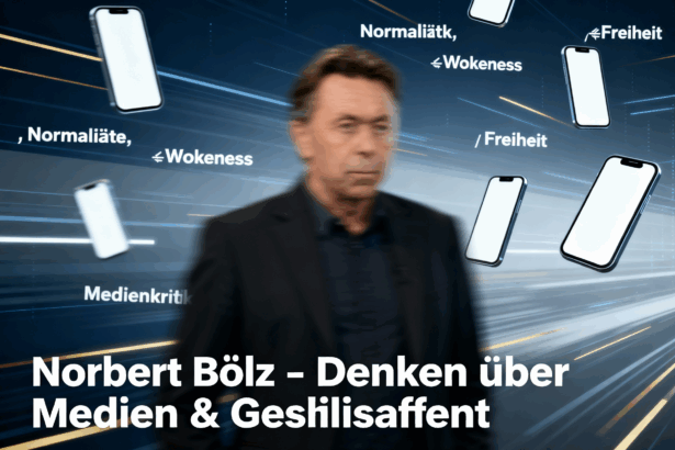 Norbert Bolz vor digitalem Hintergrund mit Symbolen für Medien und Gesellschaft,