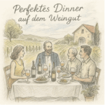 Vier Personen genießen bei Sonnenuntergang ein perfektes Dinner auf einem Weingut, mit Wein, Kerzen und Blick auf die Reben im Hintergrund.