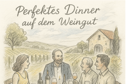 Vier Personen genießen bei Sonnenuntergang ein perfektes Dinner auf einem Weingut, mit Wein, Kerzen und Blick auf die Reben im Hintergrund.