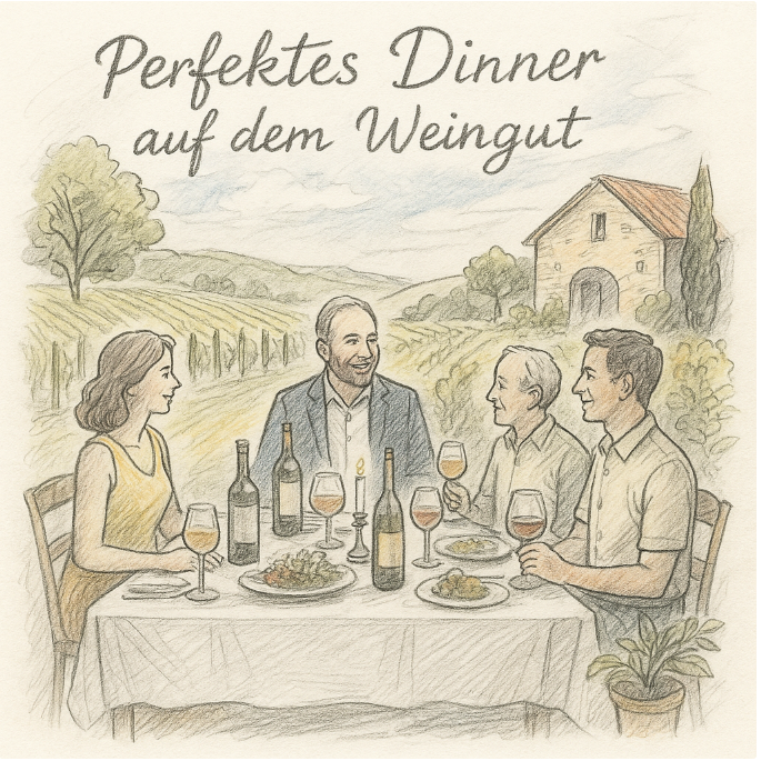 Vier Personen genießen bei Sonnenuntergang ein perfektes Dinner auf einem Weingut, mit Wein, Kerzen und Blick auf die Reben im Hintergrund.