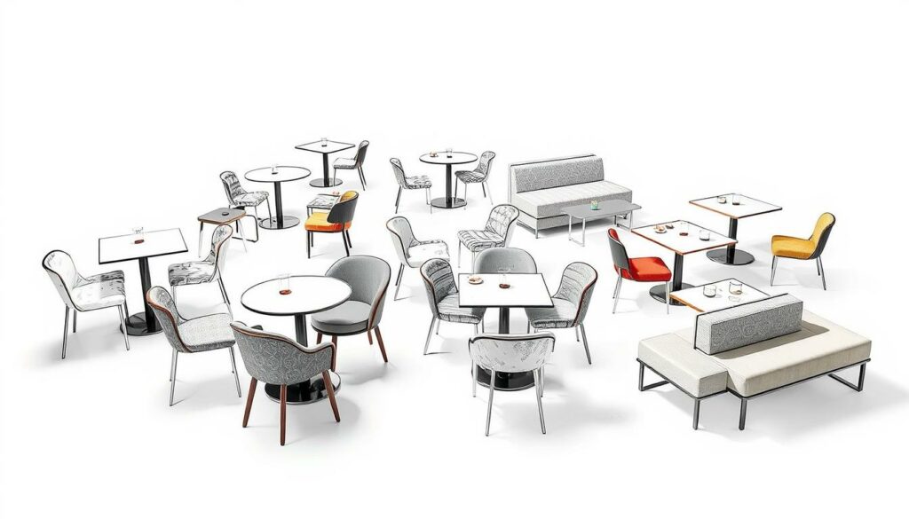 Showcase a vibrant gastronomic furniture collection in a monochromatic sketch-like aesthetic. Depict an array of stylish chairs, tables, and benches in a sleek, minimalist arrangement. Render the scene in a muted grayscale palette with selective pops of color highlighting distinct design elements, textures, and materials. Capture a sense of flexibility and customization, showcasing the versatility of these furnishings to suit diverse gastronomic environments. Position the arrangement in a well-lit studio setting, capturing the pieces from multiple angles to highlight their form and functionality. Evoke an atmosphere of contemporary elegance and timeless appeal that resonates with the refined aesthetic of the gastronomic industry.