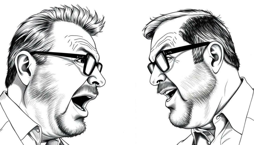 Vermögensvergleich Comedians: Bully Herbig and Stefan Raab, facing off in a high-stakes showdown, their wealth and success captured in a striking black and white sketch with pops of color. Detailed portraits of the two icons, precise yet expressive, set against a minimalist backdrop that amplifies their larger-than-life presence. Carefully composed to create a sense of rivalry and tension, the image exudes an air of drama and anticipation, inviting the viewer to delve into the intriguing world of celebrity fortunes.