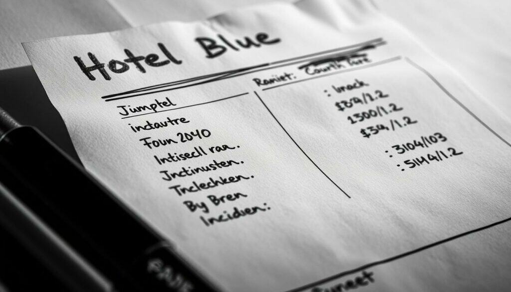 A black and white hotel receipt, the details scribbled in pencil with a few selective color accents. The header "Hotelrechnung Jimi Blue" stands out prominently, hinting at the underlying story. The itemized charges, from room rate to incidentals, are legibly recorded, conveying a sense of the financial consequences of the incident. The overall mood is somber, the document a silent witness to a troubling narrative. The lighting is muted, the angles slightly off-kilter, creating an unsettling atmosphere. This image aims to visually encapsulate the "Hintergründe der Festnahme und ihre Folgen" for the article on Jimi Blue's legal troubles.