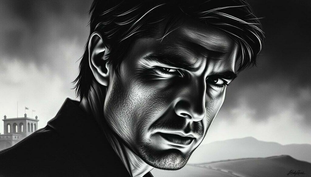 A brooding, moody portrait of Tom Cruise, his face etched in stark black and white, with flashes of color accentuating his pensive expression. The background is a hazy, ethereal landscape, suggesting the emotional turmoil and aftermath of his high-profile separation. Soft, dramatic lighting casts deep shadows, creating a sense of introspection and contemplation. The overall tone is one of melancholy and introspection, capturing the essence of the "Trennung" (separation) and its lingering impact.