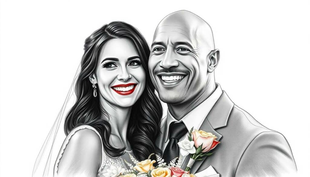 A charming wedding portrait of Lauren Hashian and Dwayne "The Rock" Johnson, captured in a captivating black-and-white sketch-like style. The couple stands together, their expressions radiating joy and love, with a few strategic pops of color accentuating the scene. The background is softly blurred, allowing the focus to remain on the newlyweds, who are illuminated by a warm, natural light. The overall mood is intimate, romantic, and reflective of the profound personal transformation Dwayne experienced through this new chapter in his life.