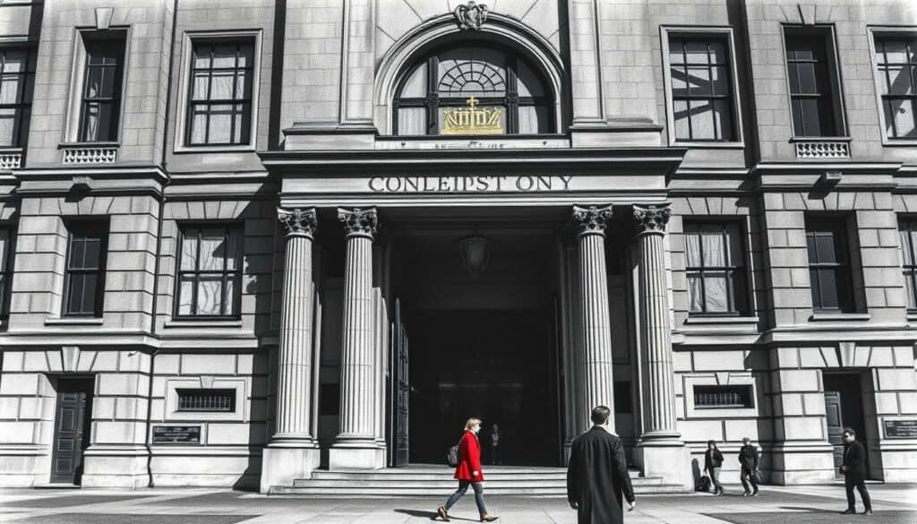 A grand, austere university building, its facade cast in stark monochrome. Looming shadows shroud its entryway, a mute testament to the silence that reigns within. Glimpses of color – a crimson coat, a golden emblem – punctuate the scene, hinting at the power structures that govern this institution. The lens captures a sense of unease, a pervasive atmosphere of suppression and complicity. Distant figures, their faces obscured, suggest the human cost of this institutional silence. Rendered in a palette of graphite and ink, this image evokes the weighty, oppressive nature of the subject matter, a visual metaphor for the systemic failings that have allowed transgressions to go unchecked.