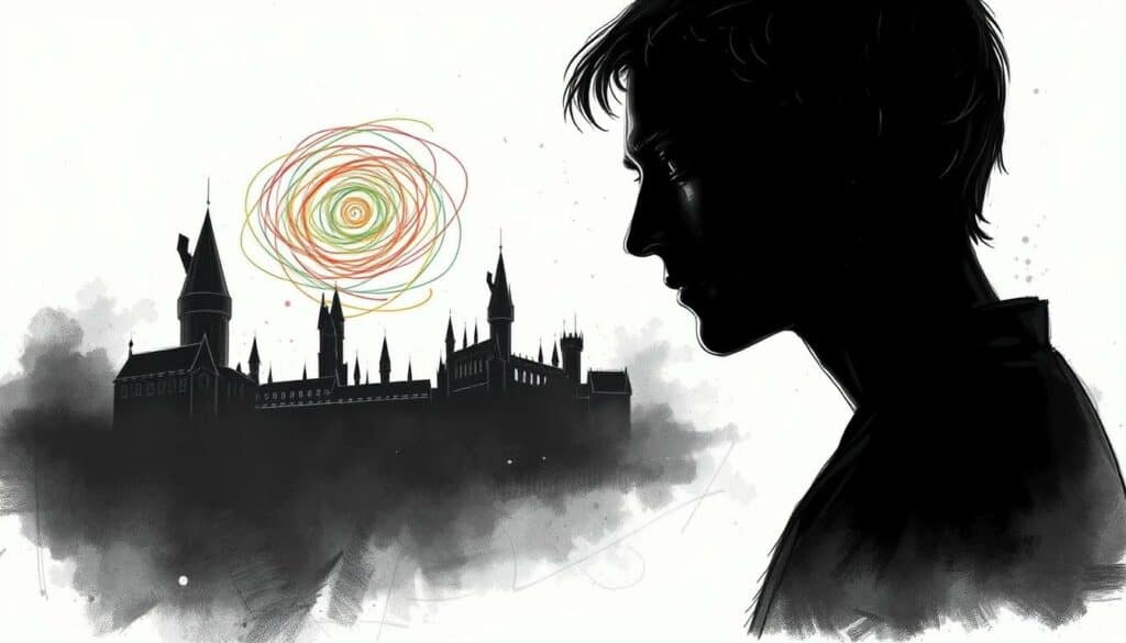 A moody, black-and-white illustration depicting the rumored voice actor for the upcoming Harry Potter series. In the foreground, a close-up profile of an enigmatic figure, their features obscured by shadows, conveying a sense of mystery. The middle ground showcases a swirling vortex of colored lines and shapes, hinting at the uncertainty surrounding the casting rumors. In the background, a faint outline of the iconic Hogwarts castle, its familiar silhouette rendered in muted tones. Dramatic lighting casts dramatic chiaroscuro effects, creating an atmosphere of suspense and speculation. Punctuated by sparse, strategic pops of color to draw the viewer's eye and emphasize the juxtaposition of rumor and reality.