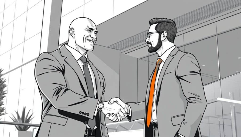 A professional business partnership between Dwayne Johnson and his associate, captured in a stylish, monochrome illustration. The scene depicts the two men shaking hands in a formal, yet warm gesture, against a backdrop of sleek architecture and minimalist design elements. Subtle pops of color, such as a vibrant tie or a gleaming watch, add depth and visual interest. The overall mood conveys a sense of success, collaboration, and a transition from personal to professional relationships. Lighting is soft and directional, casting dramatic shadows and highlighting the confident expressions of the two figures. The composition is balanced and sophisticated, reflecting the high-stakes world of business.