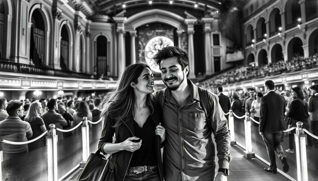A strolling couple, Ana de Armas and Marcelo Valente, attend a concert together. The scene is rendered in a striking black and white palette, with selective pops of color highlighting key elements. The foreground captures their casual, affectionate interaction, while the middle ground showcases the concert venue's architecture and atmosphere. The background hints at the larger crowd, creating a sense of energy and anticipation. The lighting is soft and dramatic, casting subtle shadows and accentuating the couple's features. The overall mood is one of intimacy, intrigue, and a hint of the unexpected.