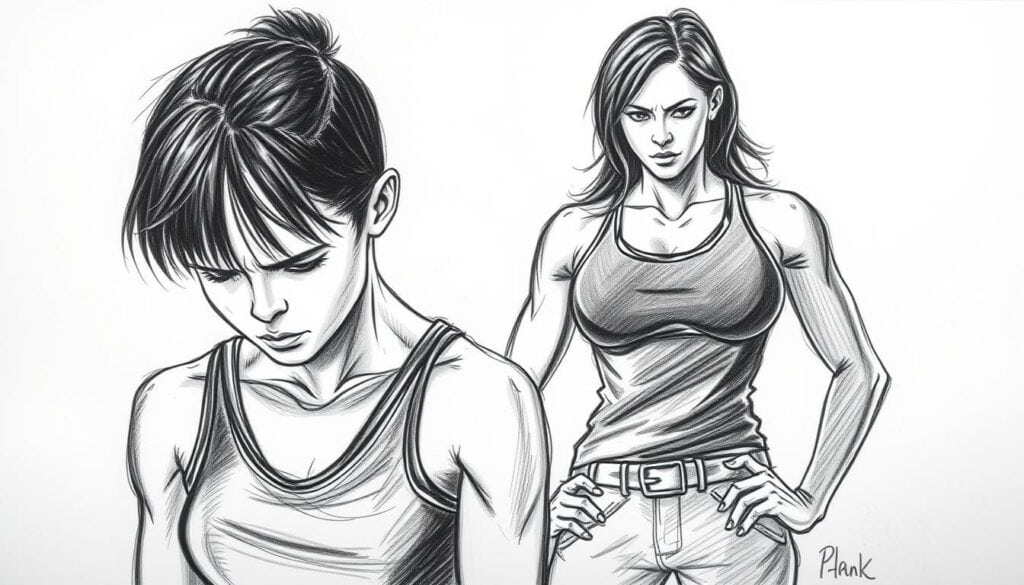 A traumatic encounter with a demanding fitness trainer, captured in a stark black and white sketch with subtle pops of color. A figure in the foreground, shoulders hunched, face obscured, conveying a sense of distress. The middle ground features the towering, overbearing presence of the trainer, her stern expression and rigid posture casting an imposing shadow. The background is hazy, suggestions of a gym or studio setting, the edges softened, creating an atmosphere of unease and discomfort. Dramatic lighting casts harsh shadows, heightening the tension. This image aims to visually convey the profound impact of a traumatic experience with a powerful authority figure.