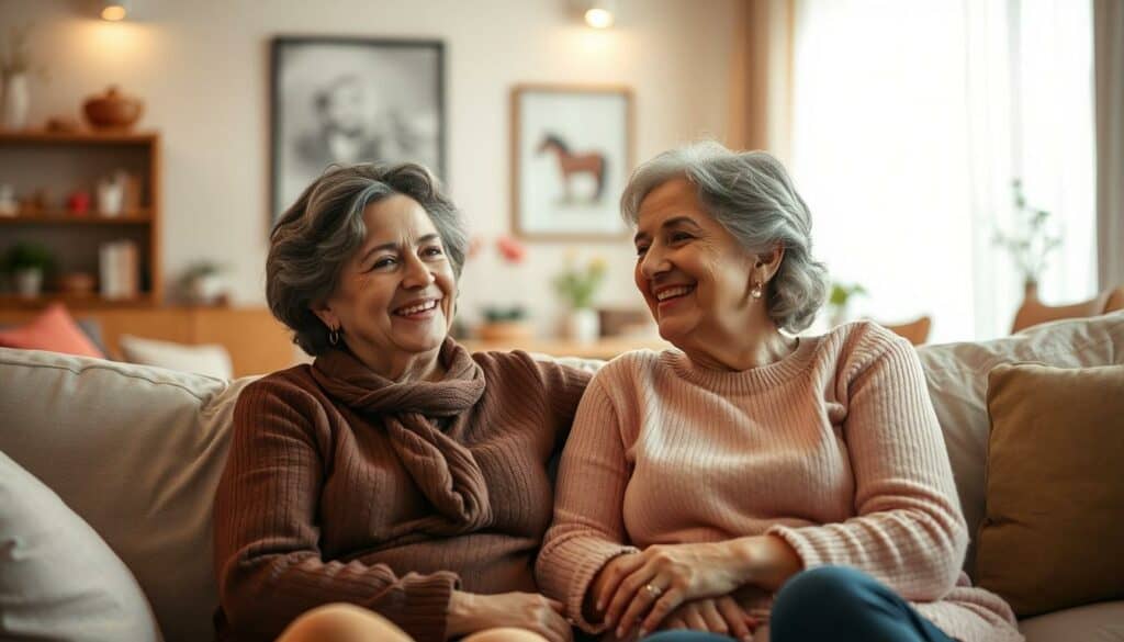 A warm and intimate family gathering, with Anna-Maria Ferchichi and her soon-to-be daughter-in-law Yasmine sharing a heartfelt moment. In the foreground, the two women sit comfortably on a plush sofa, their expressions filled with genuine joy and acceptance. Soft, diffused lighting casts a gentle glow, creating a sense of intimacy and closeness. In the middle ground, the living room is tastefully decorated with subtle pops of color, hinting at the Ferchichi family's welcoming and vibrant dynamic. The background is blurred, allowing the focus to remain on the central figures, who are embracing Yasmine's integration into the family with open arms. The overall scene conveys a sense of harmony, affection, and the seamless blending of two lives.