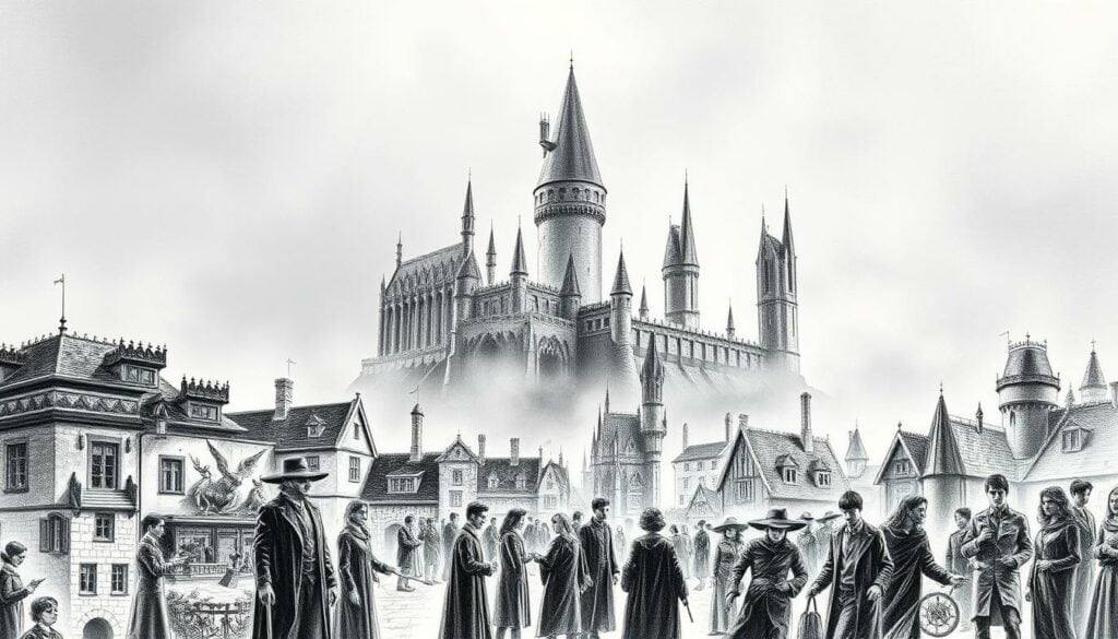 A wizarding world in transition, where the film's vibrant colors give way to a stark, pencil-sketched aesthetic. In the foreground, a series of vignettes depict key differences between the books and the movies - the expanding Wizarding World, the evolving character designs, the subtle shifts in narrative. The middle ground showcases iconic scenes, rendered in bold black and white with subtle pops of color to highlight the nuances. In the background, a hazy, dreamlike vision of Hogwarts castle, its towers and spires hinting at the untold stories yet to be explored. The overall mood is one of anticipation, as the new HBO series promises to capture the essence of the Potterverse while forging its own unique path.