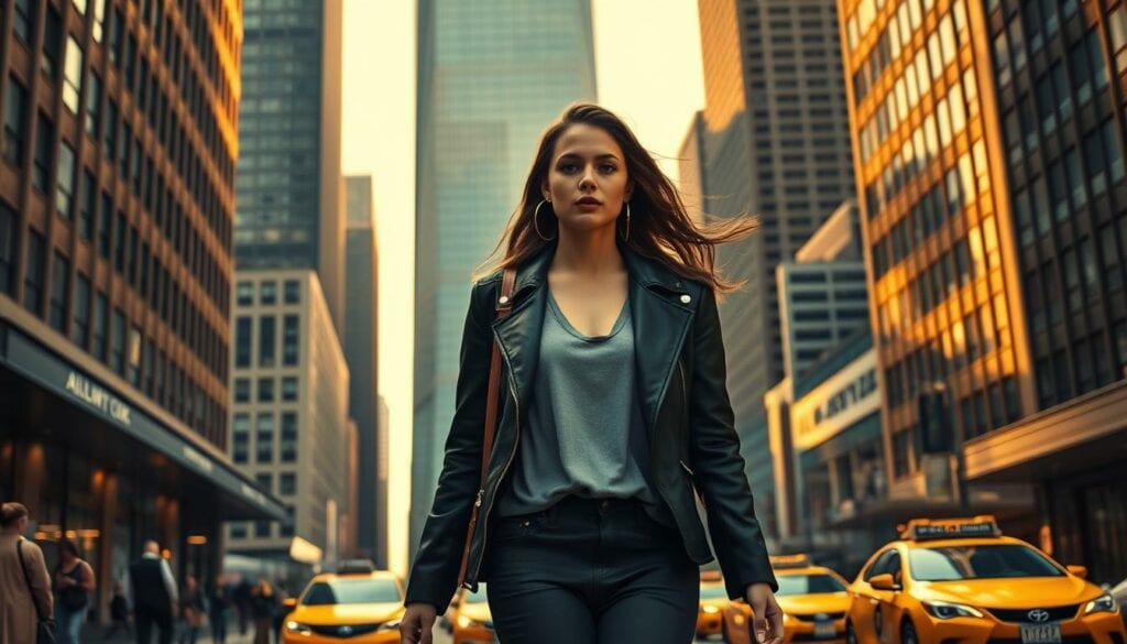 A young woman, Nina Dobrev, navigates the bustling streets of New York City, her confident stride and stylish attire reflecting her newfound independence. The towering skyscrapers in the background cast dramatic shadows, creating a moody, metropolitan atmosphere. Warm, golden-hued lighting illuminates her face, highlighting her determined expression as she embraces this next chapter of her life. In the foreground, a chic, modern apartment building suggests her sophisticated, urban lifestyle, while the middle ground features pedestrians and yellow taxis, capturing the vibrant energy of the city. The image conveys a sense of a fresh start, with Nina Dobrev emerging from the shadows of her past to embrace the limitless possibilities of her new New York lifestyle.