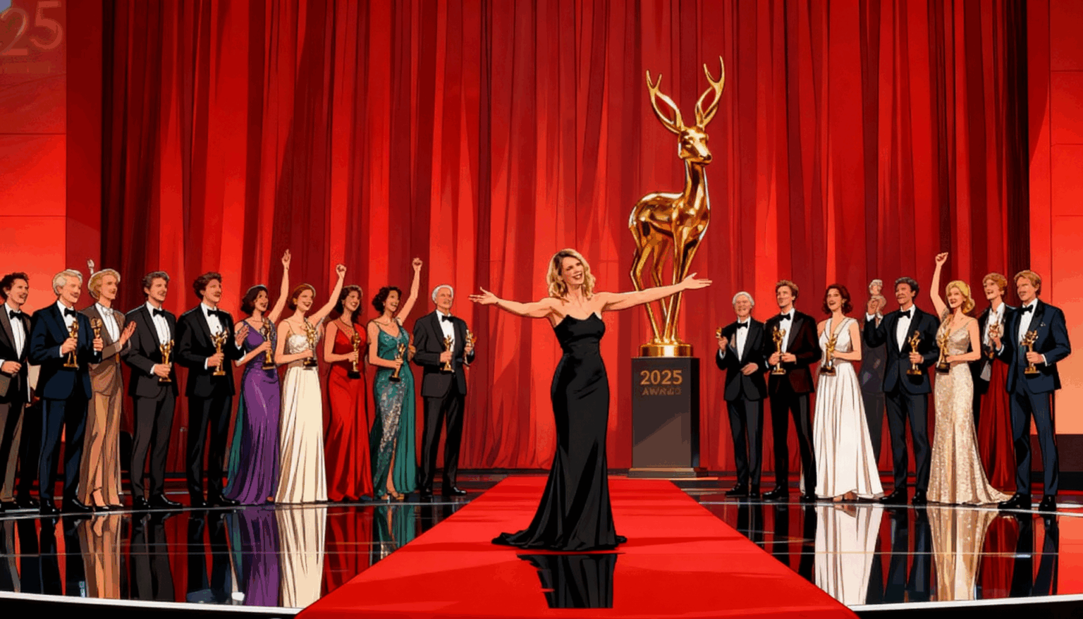 Die Bambi-Preisträger 2025 stehen mit ihren goldenen Rehkitzen auf der Bühne der Gala in den Bavaria Filmstudios in München