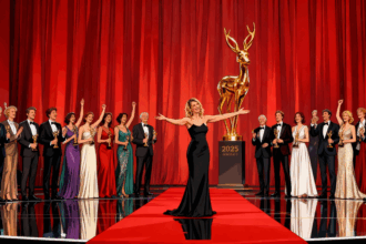 Die Bambi-Preisträger 2025 stehen mit ihren goldenen Rehkitzen auf der Bühne der Gala in den Bavaria Filmstudios in München