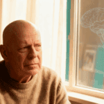 Respektvolles Porträt von Bruce Willis zwischen Filmkulisse und Wohnzimmer; warmes Licht, sanfte Farben, dezenter Hinweis auf Demenz ohne Sensationslust.
