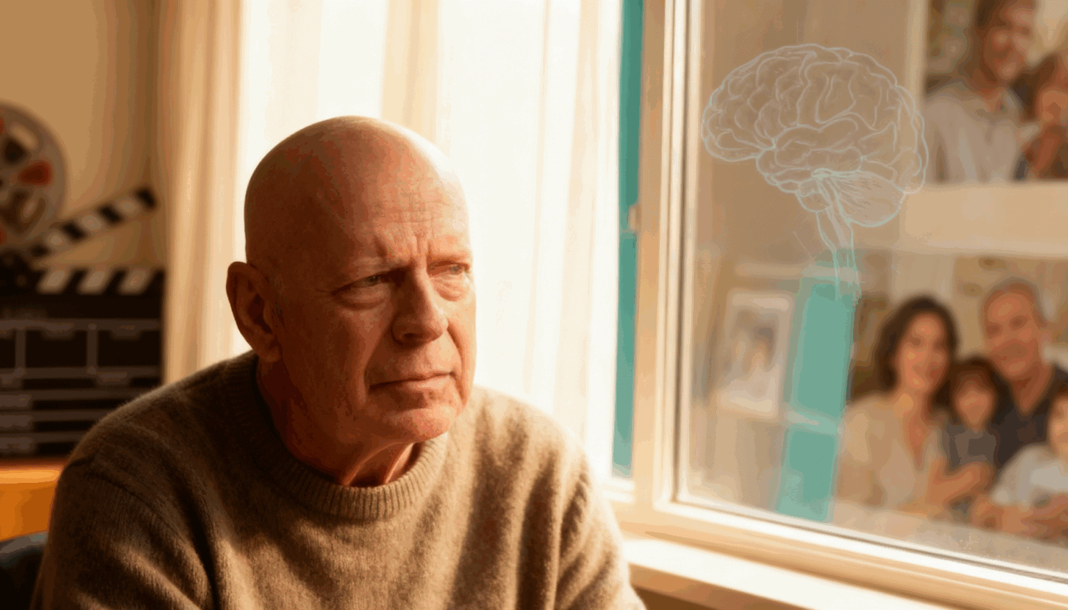 Respektvolles Porträt von Bruce Willis zwischen Filmkulisse und Wohnzimmer; warmes Licht, sanfte Farben, dezenter Hinweis auf Demenz ohne Sensationslust.