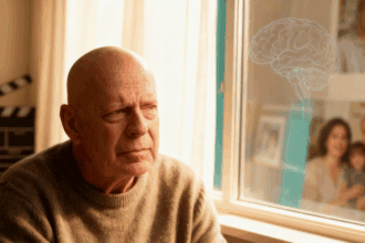 Respektvolles Porträt von Bruce Willis zwischen Filmkulisse und Wohnzimmer; warmes Licht, sanfte Farben, dezenter Hinweis auf Demenz ohne Sensationslust.