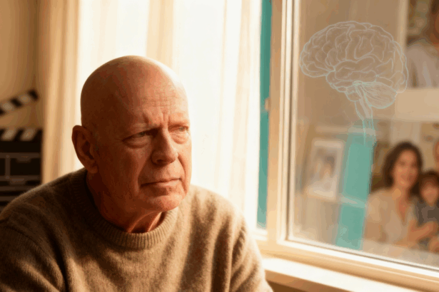 Respektvolles Porträt von Bruce Willis zwischen Filmkulisse und Wohnzimmer; warmes Licht, sanfte Farben, dezenter Hinweis auf Demenz ohne Sensationslust.