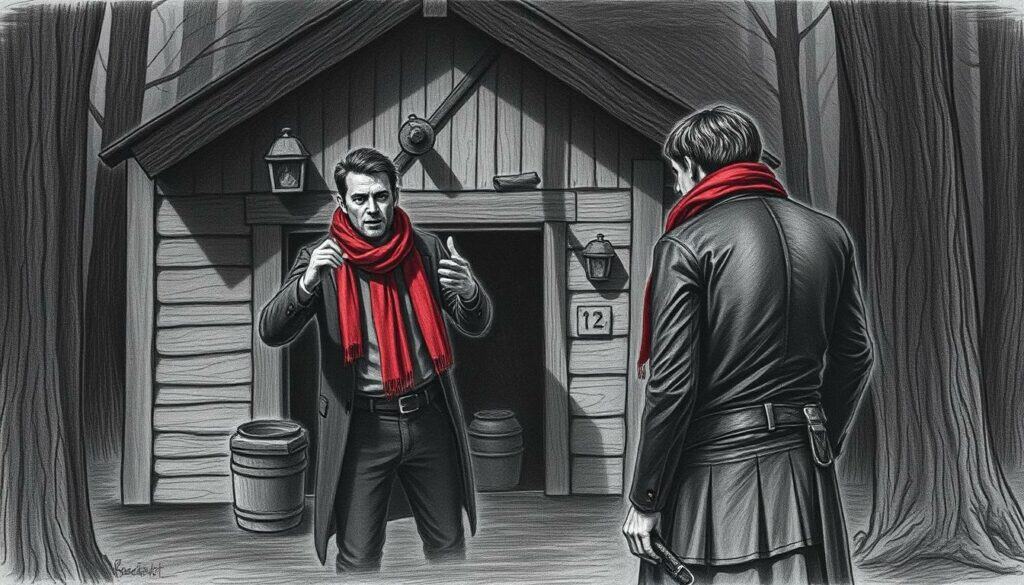 Forsthaus Rampensau Emotionen: A dimly lit forest interior, with the weathered facade of an old forester's lodge casting long shadows. In the foreground, a pair of figures - one in a state of agitation, gesturing emphatically, the other shrinking back in a defensive posture. Muted tones of charcoal and slate, with sparse pops of color - a vibrant red scarf, the glint of a silver buckle. Tension permeates the scene, captured in the angles of the bodies, the intensity of their expressions. A sense of unease and uncertainty hangs in the air, as if the calm of the forest could shatter at any moment.