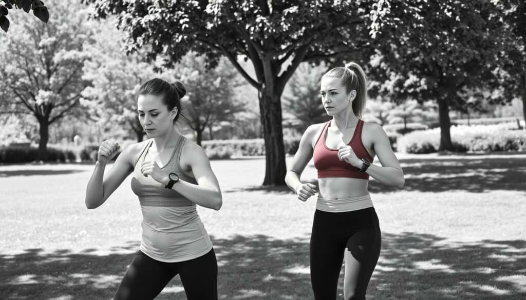 Gemeinsames Training von Anna-Maria Ferchichi und ihrer Schwiegertochter Yasmine in einer sonnendurchfluteten Umgebung. Die beiden Frauen, gekleidet in sportliche Activewear, führen verschiedene Fitnessübungen mit konzentrierter Mimik aus. Im Hintergrund eine ruhige, parkähnliche Landschaft mit vereinzelten Farbakzenten durch Bäume und Blumen. Die Szene wird in einem stimmungsvollen Schwarz-Weiß-Stil mit subtilen Farbkontrasten dargestellt, um die Verbundenheit und das geteilte Erleben der beiden Frauen zu unterstreichen.