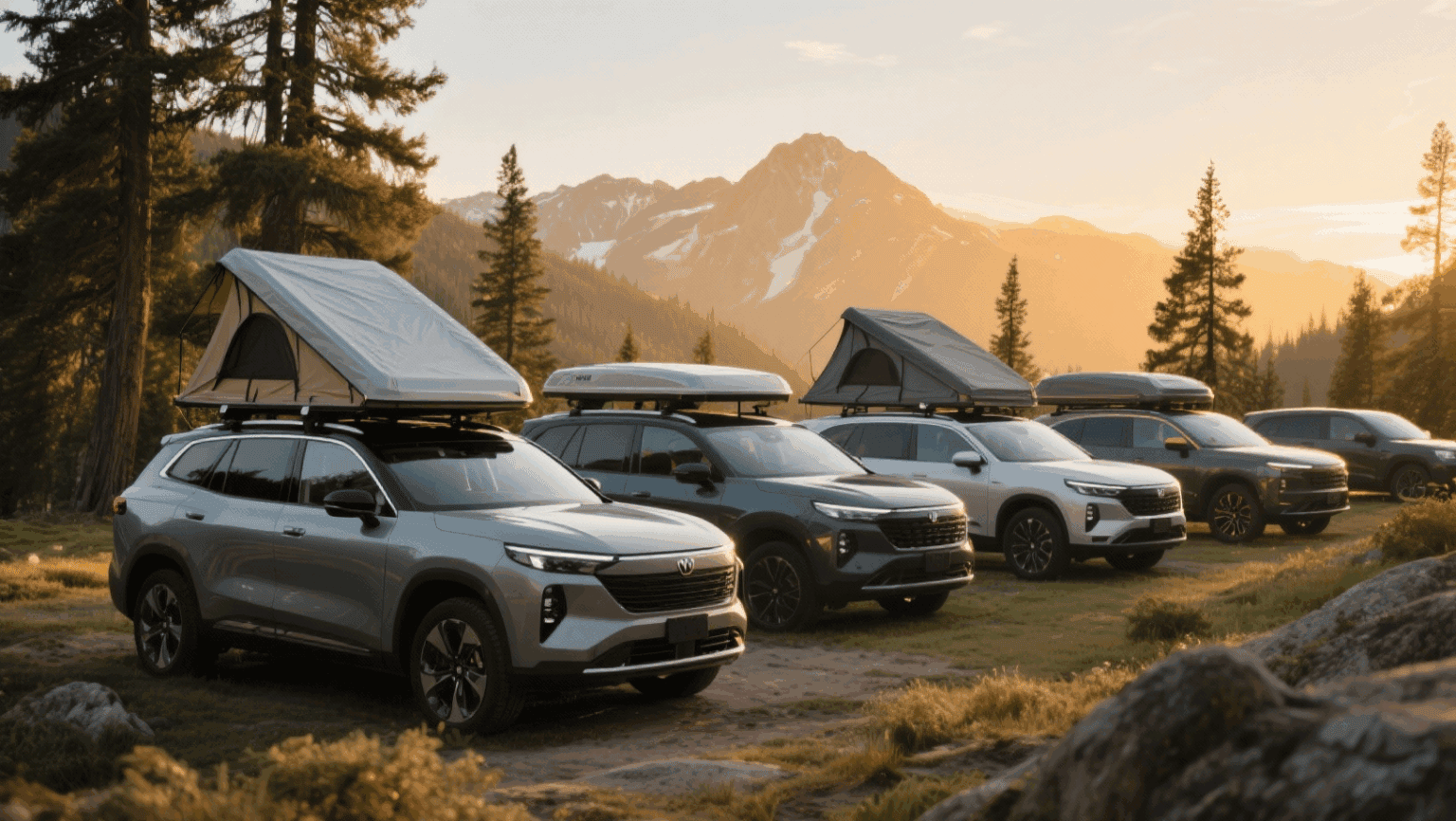 Mehrere Autos mit Hartschalen Dachzelten in unterschiedlichen Größen auf einem Campingplatz als Symbol für verschiedene Preisklassen