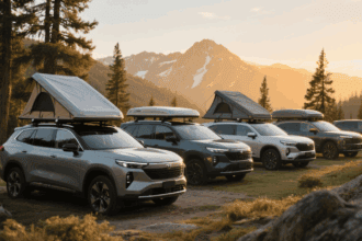 Mehrere Autos mit Hartschalen Dachzelten in unterschiedlichen Größen auf einem Campingplatz als Symbol für verschiedene Preisklassen