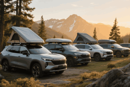 Mehrere Autos mit Hartschalen Dachzelten in unterschiedlichen Größen auf einem Campingplatz als Symbol für verschiedene Preisklassen