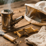 Professionelle Imkereiausrüstung als Flatlay auf rustikalem Holzhintergrund