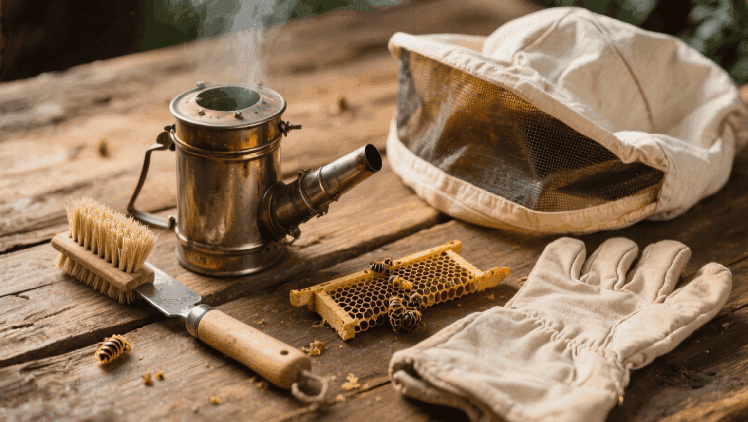 Professionelle Imkereiausrüstung als Flatlay auf rustikalem Holzhintergrund