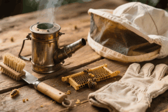 Professionelle Imkereiausrüstung als Flatlay auf rustikalem Holzhintergrund