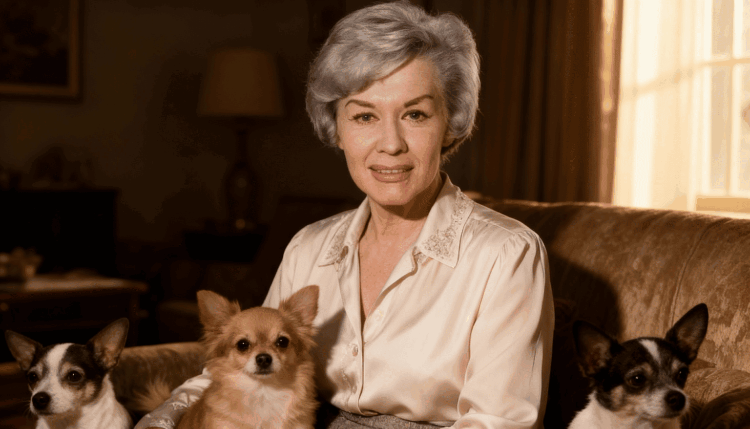 Ingrid van Bergen sitzt im hohen Alter friedlich in ihrem Wohnzimmer, begleitet von ihren zwei Hunden.