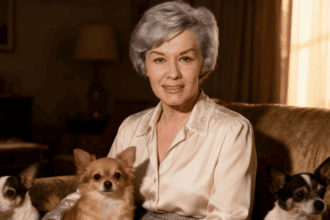 Ingrid van Bergen sitzt im hohen Alter friedlich in ihrem Wohnzimmer, begleitet von ihren zwei Hunden.