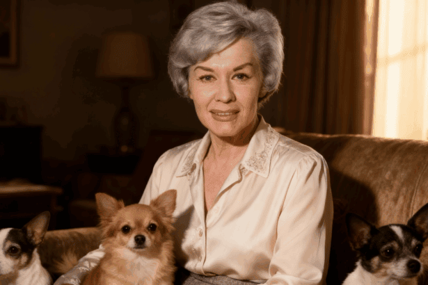 Ingrid van Bergen sitzt im hohen Alter friedlich in ihrem Wohnzimmer, begleitet von ihren zwei Hunden.