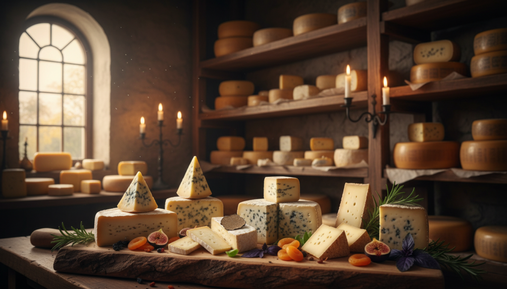 A beautifully arranged cheese cellar, showcasing various exquisite cheeses like Pule, Truffle Brie, and rare assortments. In the foreground, display a rustic wooden cheese board with a selection of cheeses, elegantly sliced and garnished with fresh herbs and dried fruits. The middle features ancient wooden shelves lined with different cheese wheels wrapped in parchment, some showcasing delicate rinds. The background captures a dimly lit room with textured stone walls, softly illuminated by warm, ambient light filtering through a vintage window, creating a cozy and inviting atmosphere. Add subtle colored accents to the cheeses, highlighting their unique textures and hues. The overall mood is sophisticated yet approachable, appealing to gourmet enthusiasts.